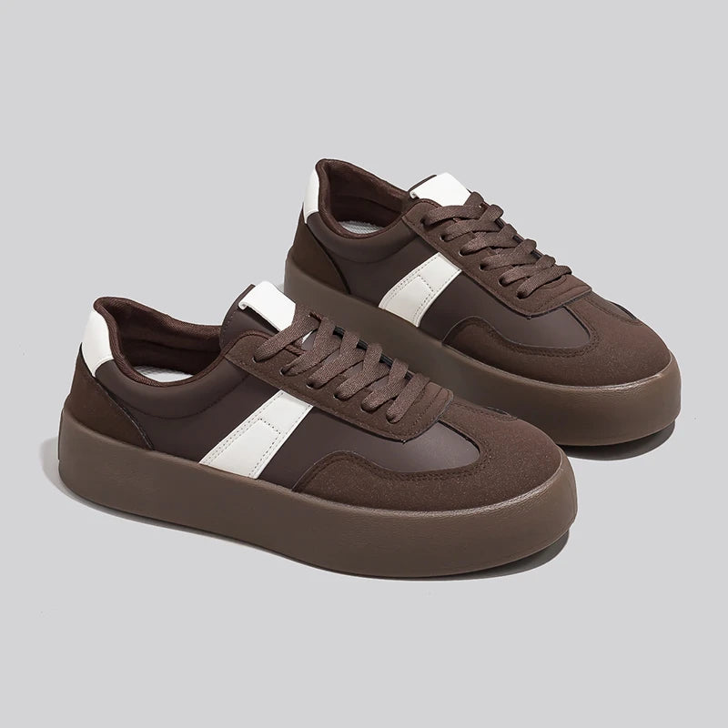 Unisex Retro Brown Leather Platform Sneakers