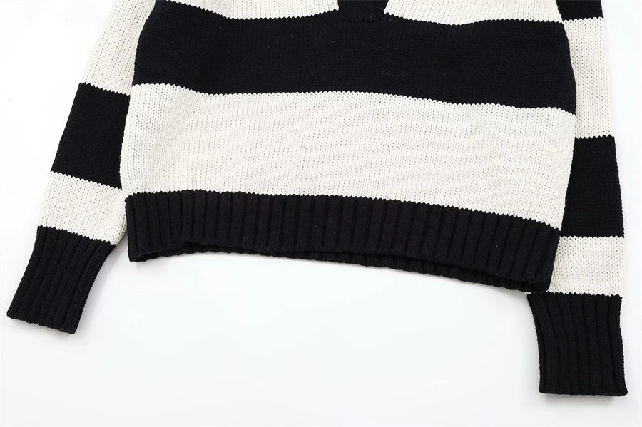 Women Fashion Black Striped Knit Sweater Spring Vintage Polo Neck Long Sleeve Female Pullovers Chic Tops