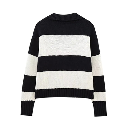 Women Fashion Black Striped Knit Sweater Spring Vintage Polo Neck Long Sleeve Female Pullovers Chic Tops