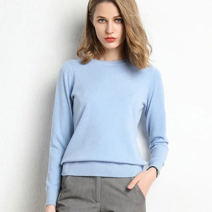 Women's Slim O-Neck Cashmere Wool Blend Sweater Trendy
