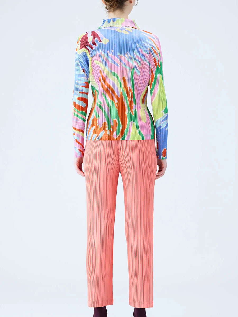 Women's Pleated Print Long Sleeve Polo Shirt