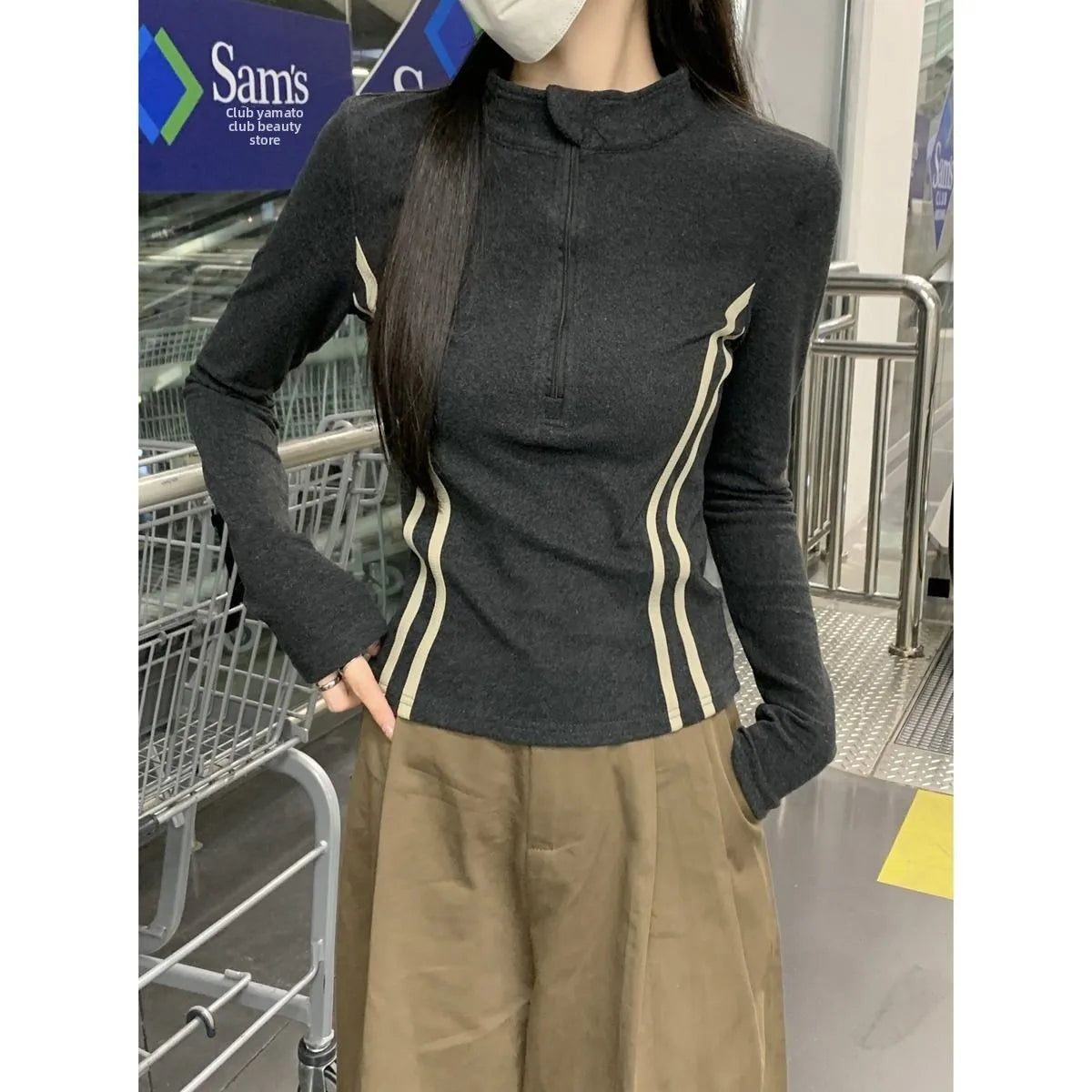 Women's Retro Short Fit Half Zip Long Sleeve T-Shirt