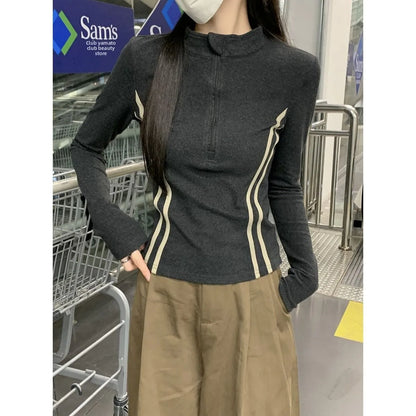 Women's Retro Short Fit Half Zip Long Sleeve T-Shirt