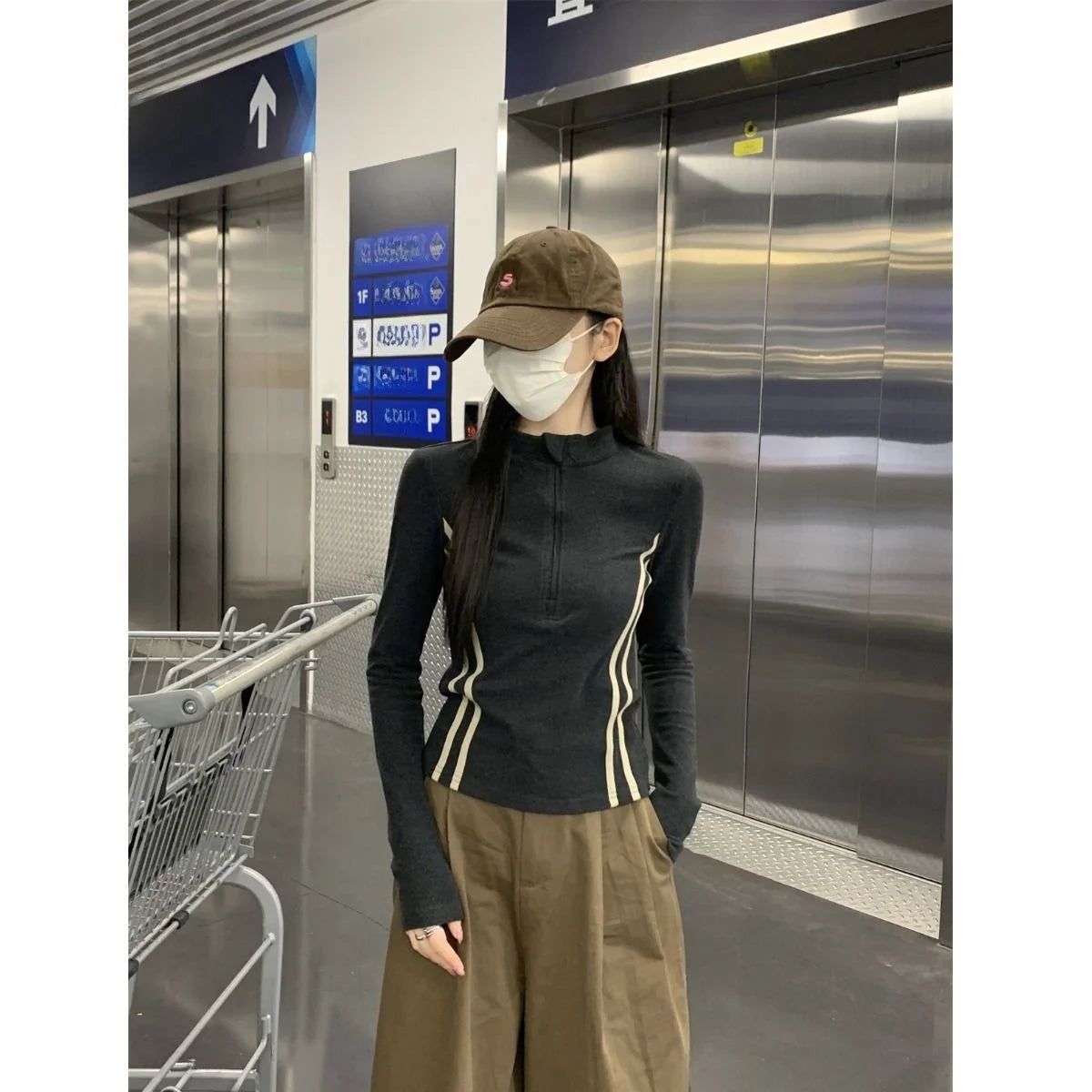 Women's Retro Short Fit Half Zip Long Sleeve T-Shirt