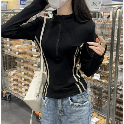 Women's Retro Short Fit Half Zip Long Sleeve T-Shirt Trendy