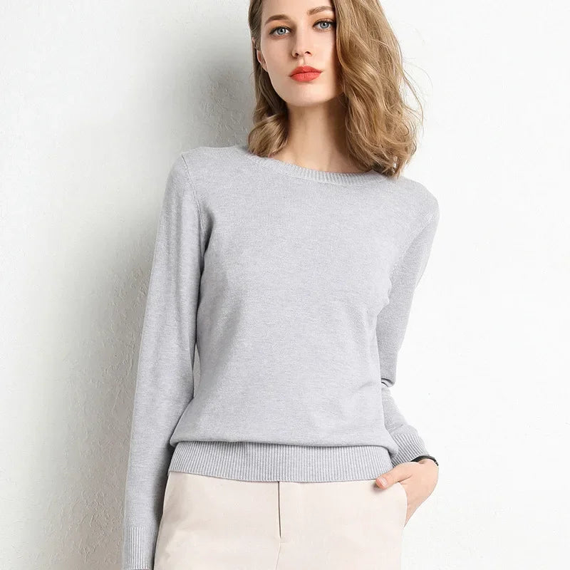 Women's Slim O-Neck Cashmere Wool Blend Sweater Trendy
