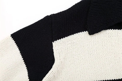 Women Fashion Black Striped Knit Sweater Spring Vintage Polo Neck Long Sleeve Female Pullovers Chic Tops
