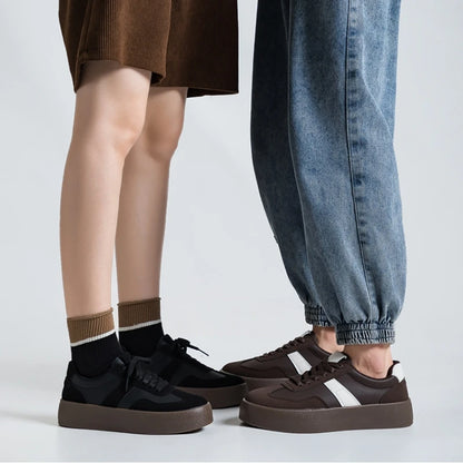 Unisex Retro Brown Leather Platform Sneakers