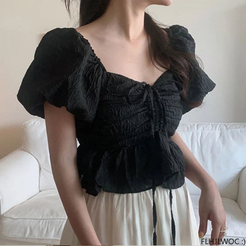 Sexy Short Chic Crop Tops Off Shoulder Women Korean Japanese FLHJLWOC Style Design Pink Floral Ruffled Vintage Peplum Top Blouse