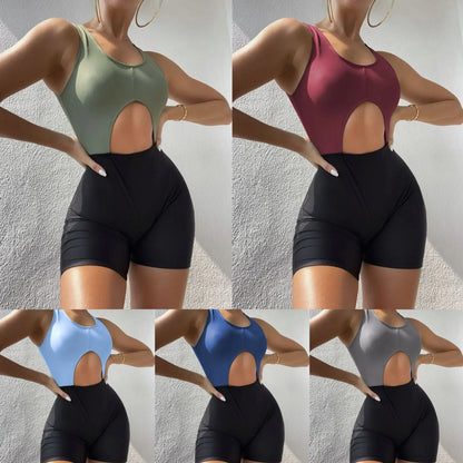 New Solid Color Matching Boxers Hollow One-piece Swimsuit Bikini