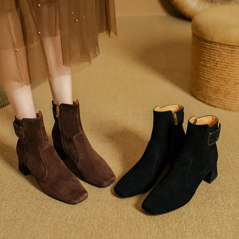 Women's Suede Ankle Booties with Block Heel