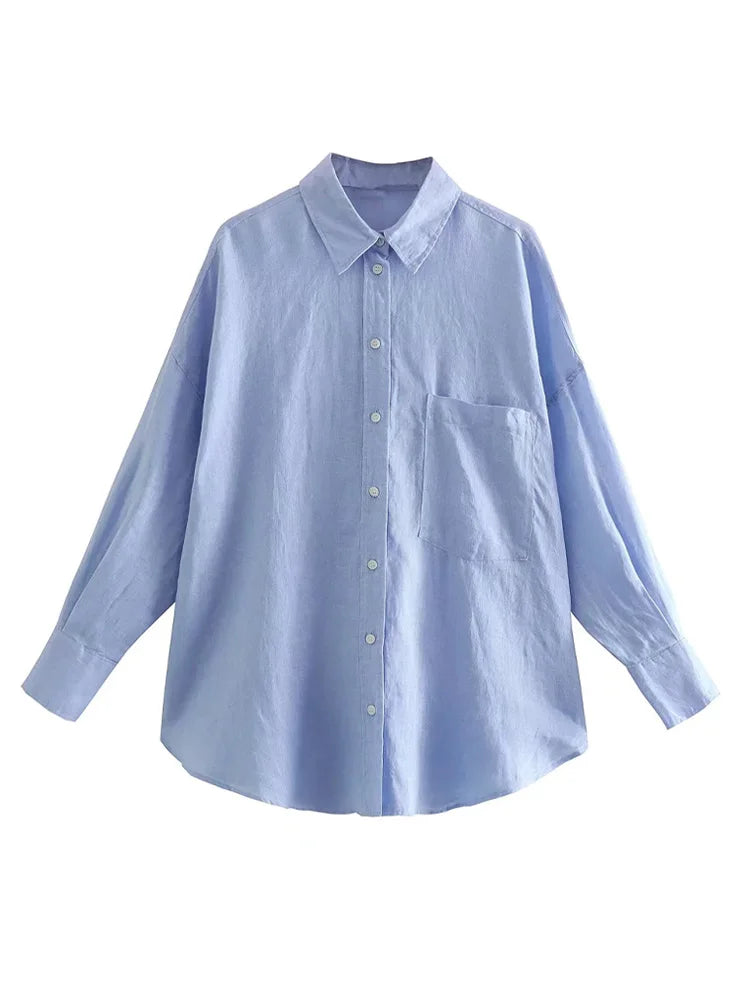 Women's Oversized Linen Shirt - Vintage Long Sleeve Pocket Blouse