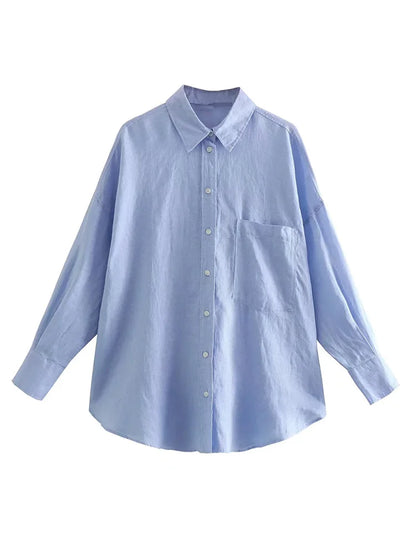 Women's Oversized Linen Shirt - Vintage Long Sleeve Pocket Blouse