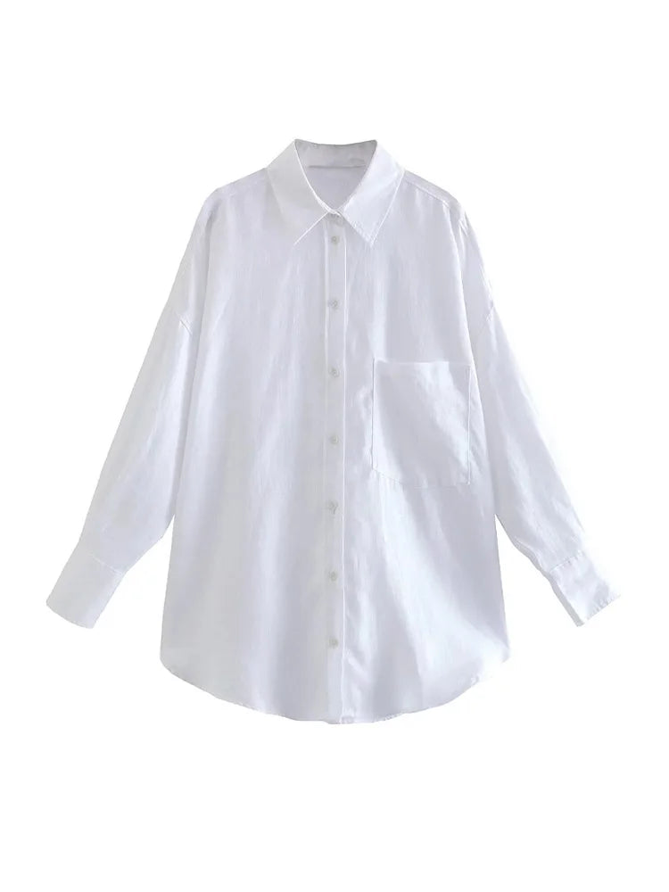 Women's Oversized Linen Shirt - Vintage Long Sleeve Pocket Blouse