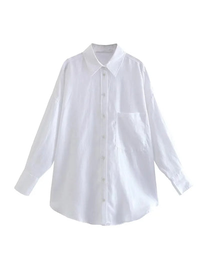 Women's Oversized Linen Shirt - Vintage Long Sleeve Pocket Blouse