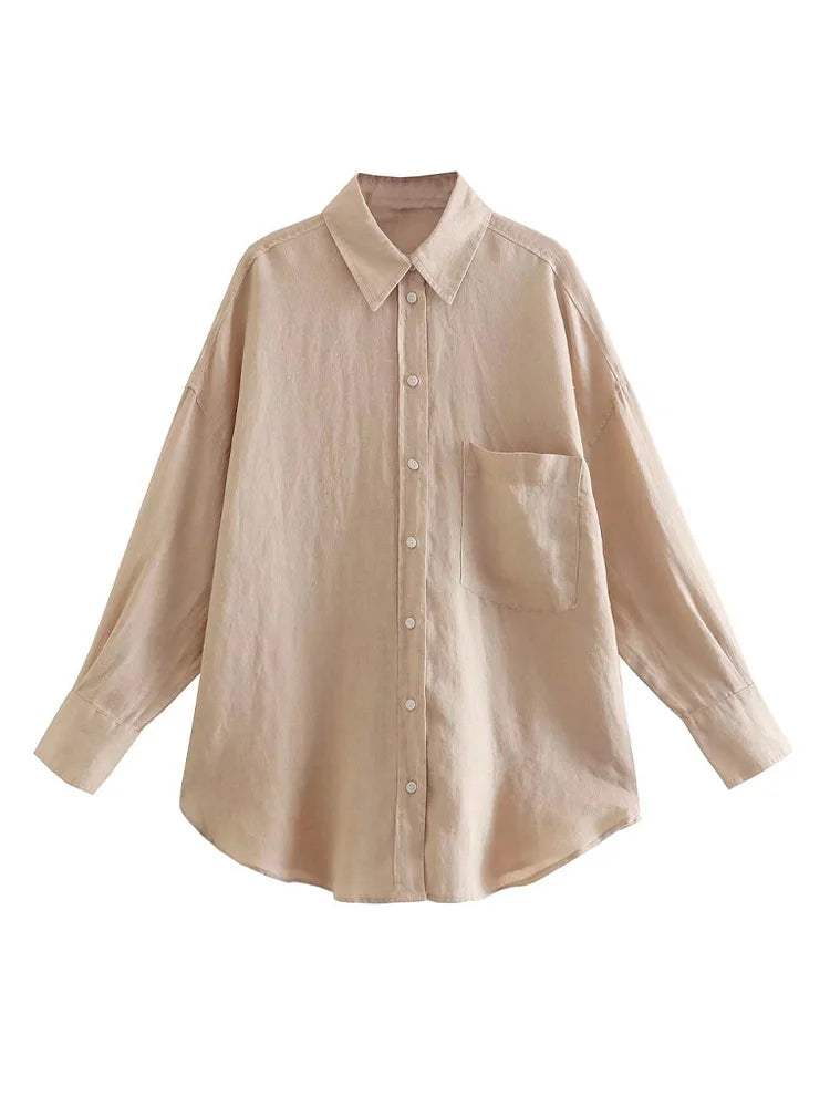 Women's Oversized Linen Shirt - Vintage Long Sleeve Pocket Blouse