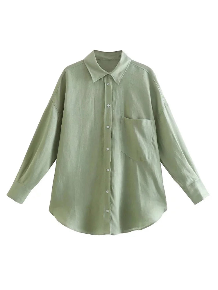 Women's Oversized Linen Shirt - Vintage Long Sleeve Pocket Blouse