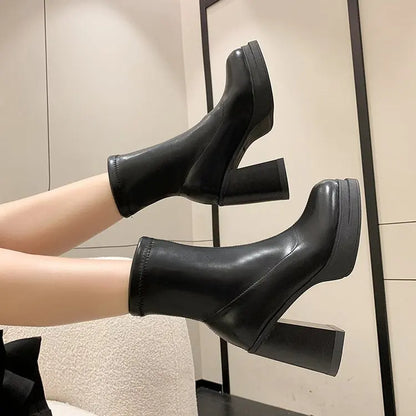 Winter Boots Lady Boots-Women Shoes Zipper Luxury Designer Rubber High Heel Ankle Fashion Rome Solid PU Basic Square Toe