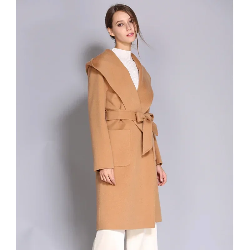 Abrigo de lana y cachemir de doble faz para mujer - Abrigo largo con capucha, sin botones y de largo medio con diseño de cordones 