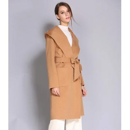 Abrigo de lana y cachemir de doble faz para mujer - Abrigo largo con capucha, sin botones y de largo medio con diseño de cordones 