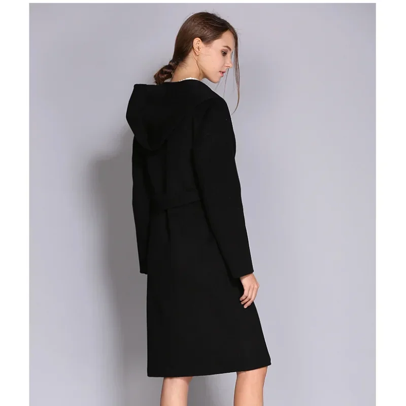 Abrigo de lana y cachemir de doble faz para mujer - Abrigo largo con capucha, sin botones y de largo medio con diseño de cordones 