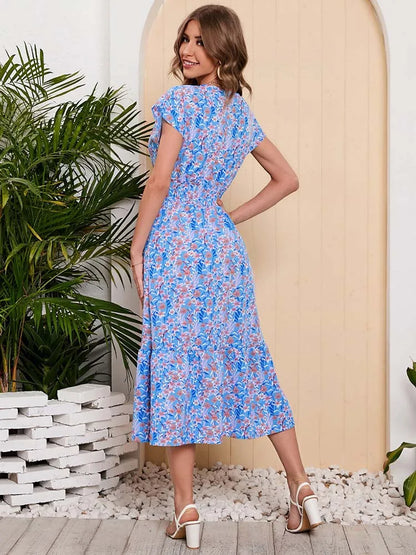 Vestido largo de verano para mujer, de gasa con estampado floral, manga corta, elegante escote en V, cintura elástica, ideal para la playa o las vacaciones.