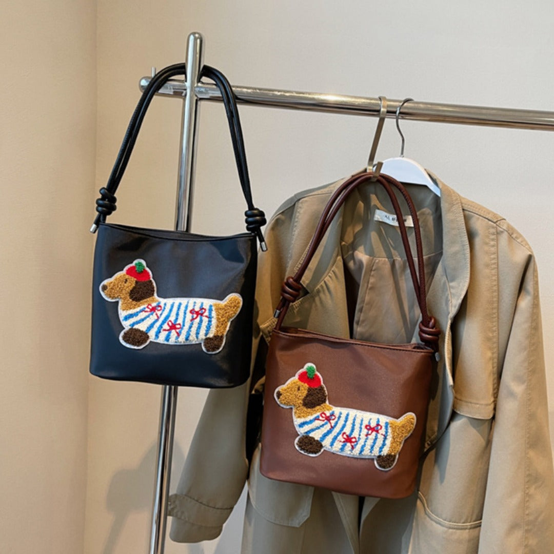 Bolso de lona con adorable estampado de cachorros - Bolso bandolera estilo cubo a la moda para estudiantes y mujeres 