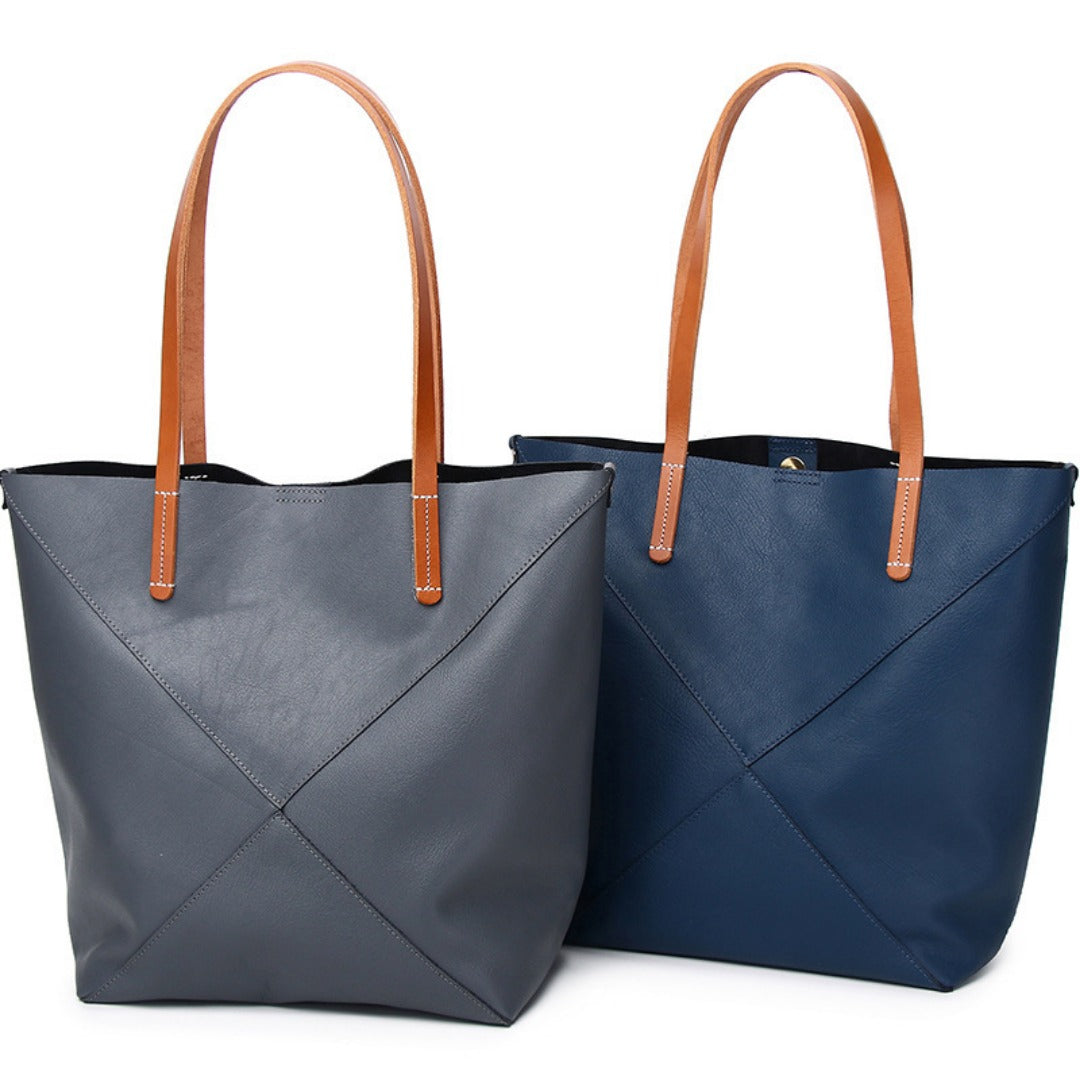 Elegante bolso de hombro de piel auténtica - Bolso tipo cubo plegable geométrico con estilo y bolso tote de gran capacidad para mujer 