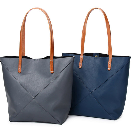 Elegante bolso de hombro de piel auténtica - Bolso tipo cubo plegable geométrico con estilo y bolso tote de gran capacidad para mujer 