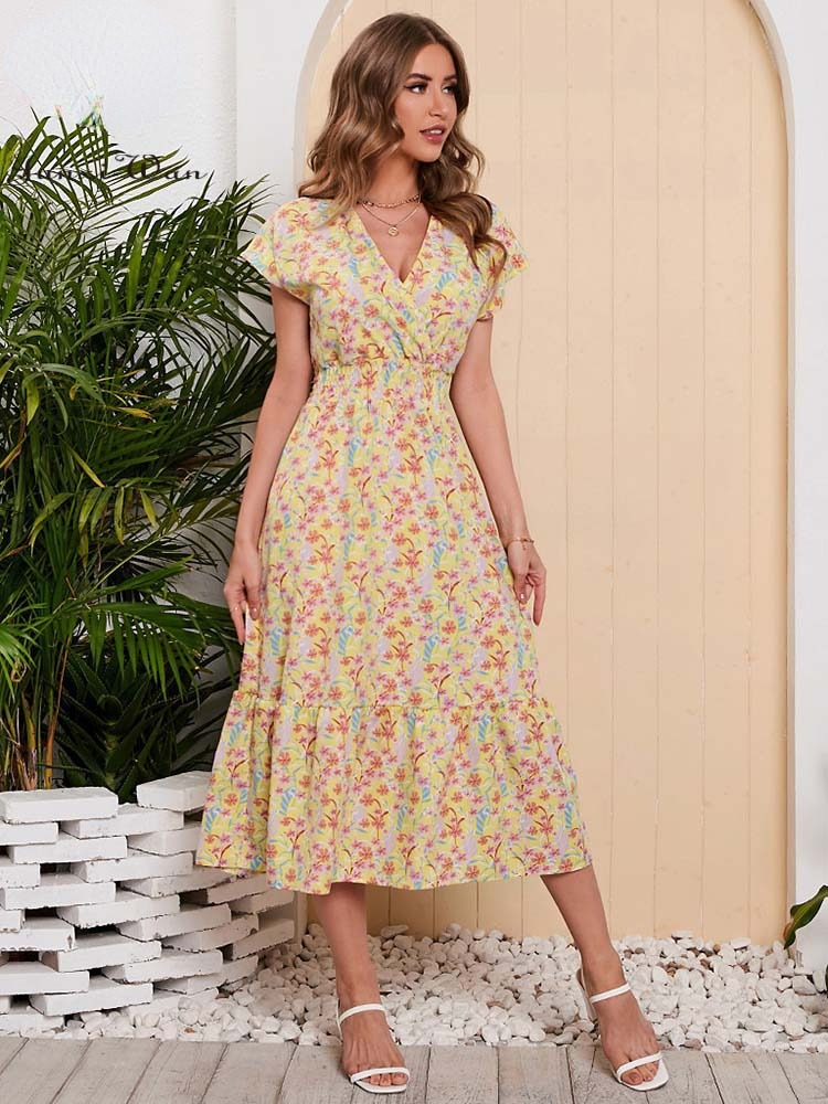 Vestido largo de verano para mujer, de gasa con estampado floral, manga corta, elegante escote en V, cintura elástica, ideal para la playa o las vacaciones.