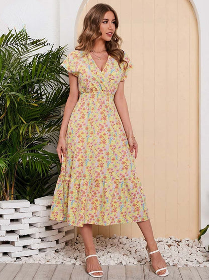 Vestido largo de verano para mujer, de gasa con estampado floral, manga corta, elegante escote en V, cintura elástica, ideal para la playa o las vacaciones.