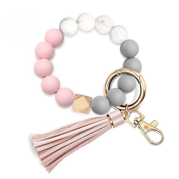 PU Tassel Keychain Bag charm Silicone Beaded Keychain Wristlet Key Ring Bracelet Cute Car Key Chain Holder for Women Girls -dropshippingabc.com
