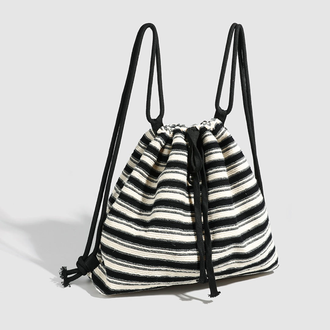 Mochila bandolera de gran capacidad para mujer, estilo urbano, con correa ajustable, estilo versátil y tejida a la moda. Mochila a rayas blancas y negras para mujer. 
