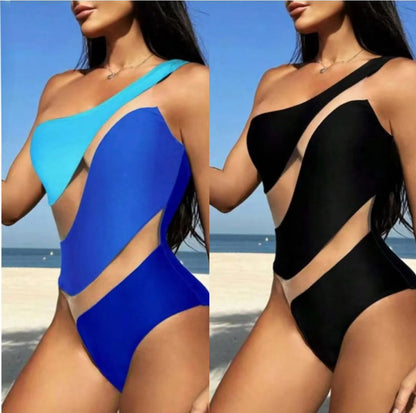 Sexy Tight Mesh Stitching Hollow Shoulder One-piece Women's Swimsuit Bikini