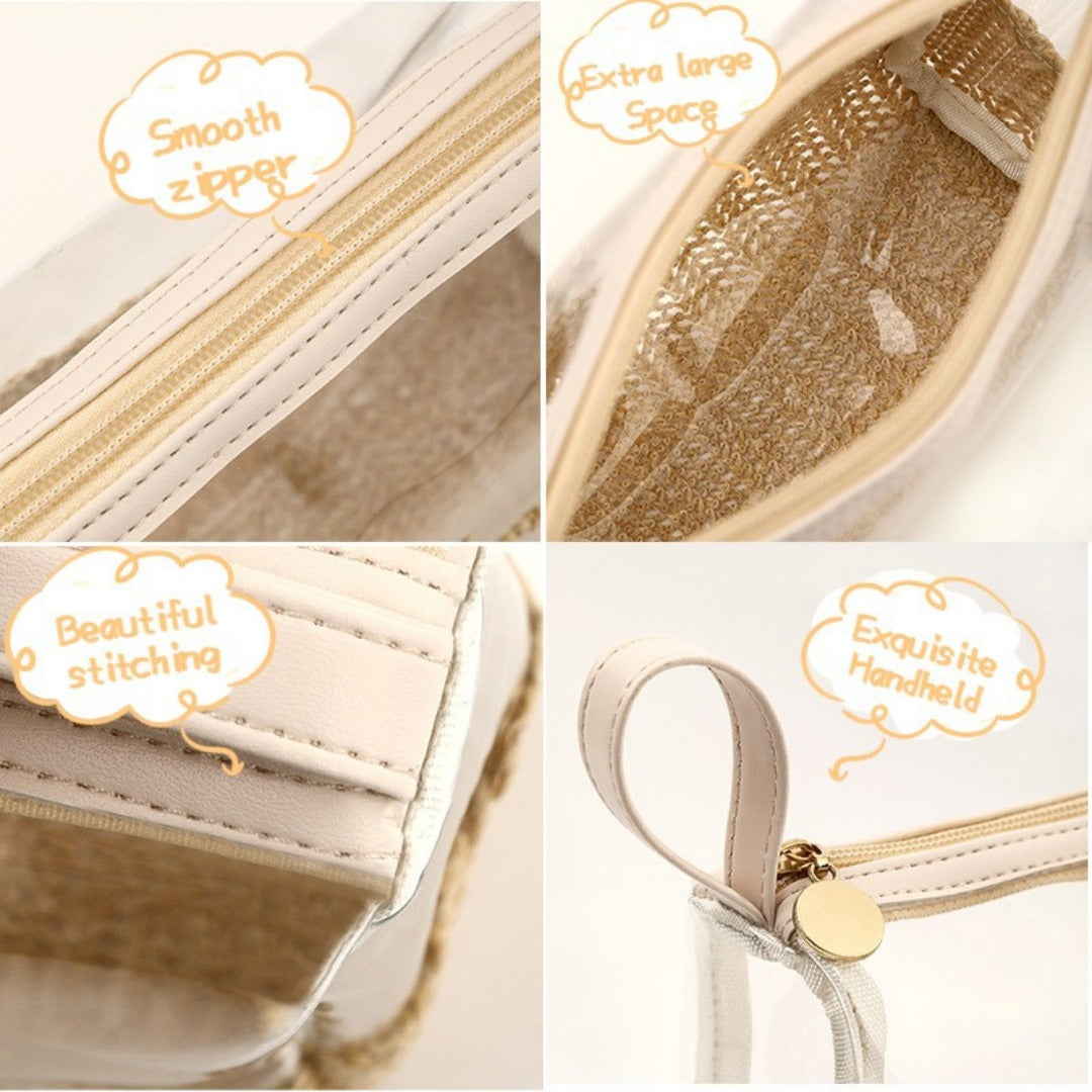 Ladies straw wristlet purse, Cosmetics storage bag transparent, toiletries storage bag, Transparent Cosmetic Bag,