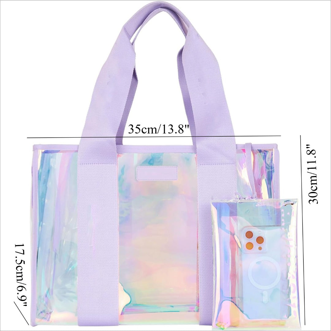 Bolso de mano de PVC para mujer, bolso de playa transparente, bolso tote impermeable de gran capacidad con pequeño neceser. 
