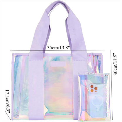 Bolso de mano de PVC para mujer, bolso de playa transparente, bolso tote impermeable de gran capacidad con pequeño neceser. 