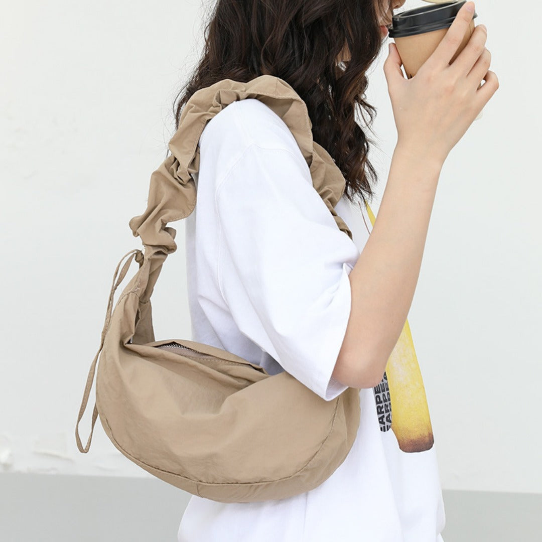 Small shoulder women's casual, pleated nylon hobo bag, fashion drawstring canvas crossbody bag