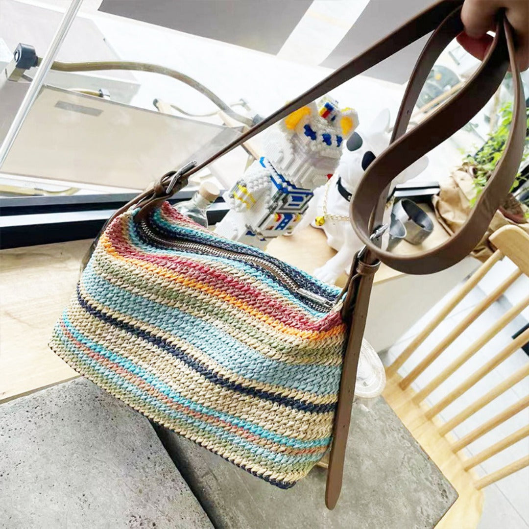 Bolso de paja arcoíris de verano para mujer – Bolso hobo informal de gran capacidad para la playa o vacaciones – 