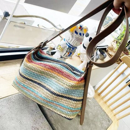 Bolso de paja arcoíris de verano para mujer – Bolso hobo informal de gran capacidad para la playa o vacaciones – 