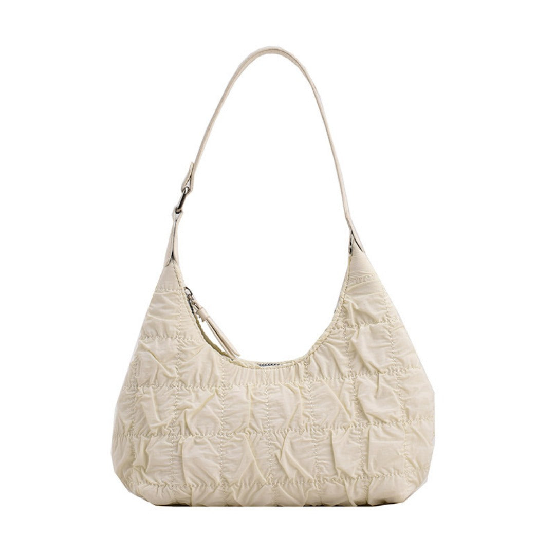bolso pequeño de hombro, bolso tipo puff color crema, bolso plisado, bolso hobo 