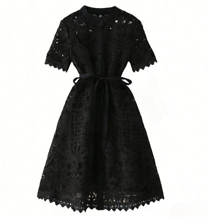 Hollow-Out Elegant Mandarin Collar Dress – Long Sleeve Lace Midi, Short Sleeve Button-Front Tie-Waist Gown