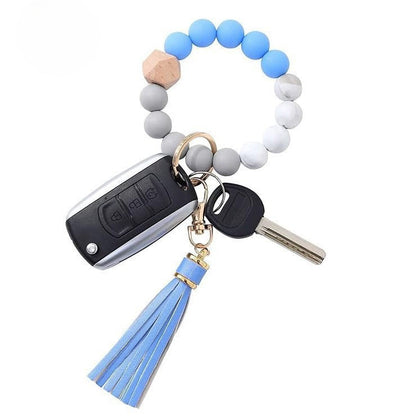 Llavero con borla de PU y cuentas de silicona para bolso, pulsera, llavero de coche, para mujeres y niñas 
