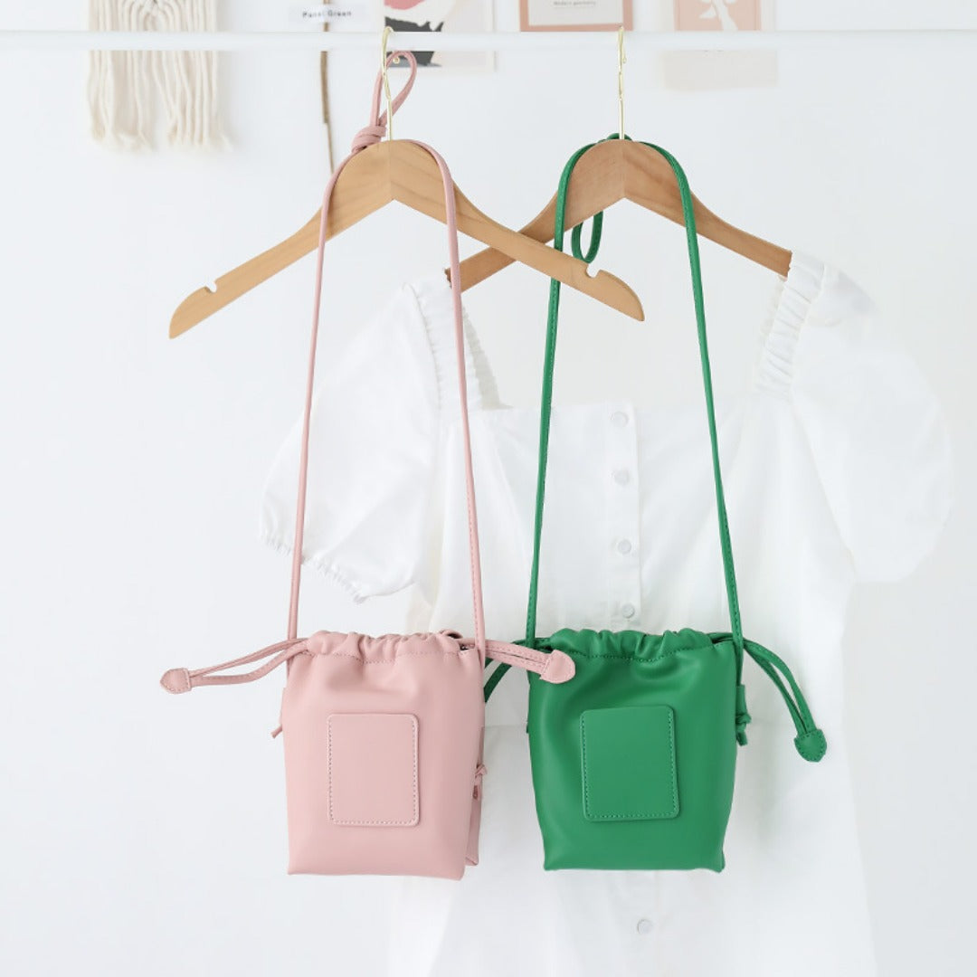 Soft PU Cute Mini Mobile Phone Bag - Fashionable Pleated Shoulder Women's Bag, Simple Drawstring Crossbody Small Square Bag