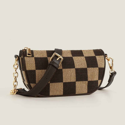 Checkerboard Canvas Crossbody Bag - 2-in-1 Compact Chest Bag & Fanny Pack with Earphone Storage