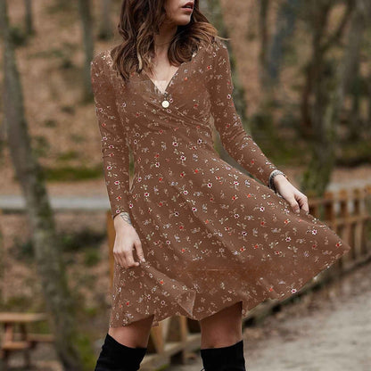 Vestido de manga larga con cuello en V y estampado floral retro 