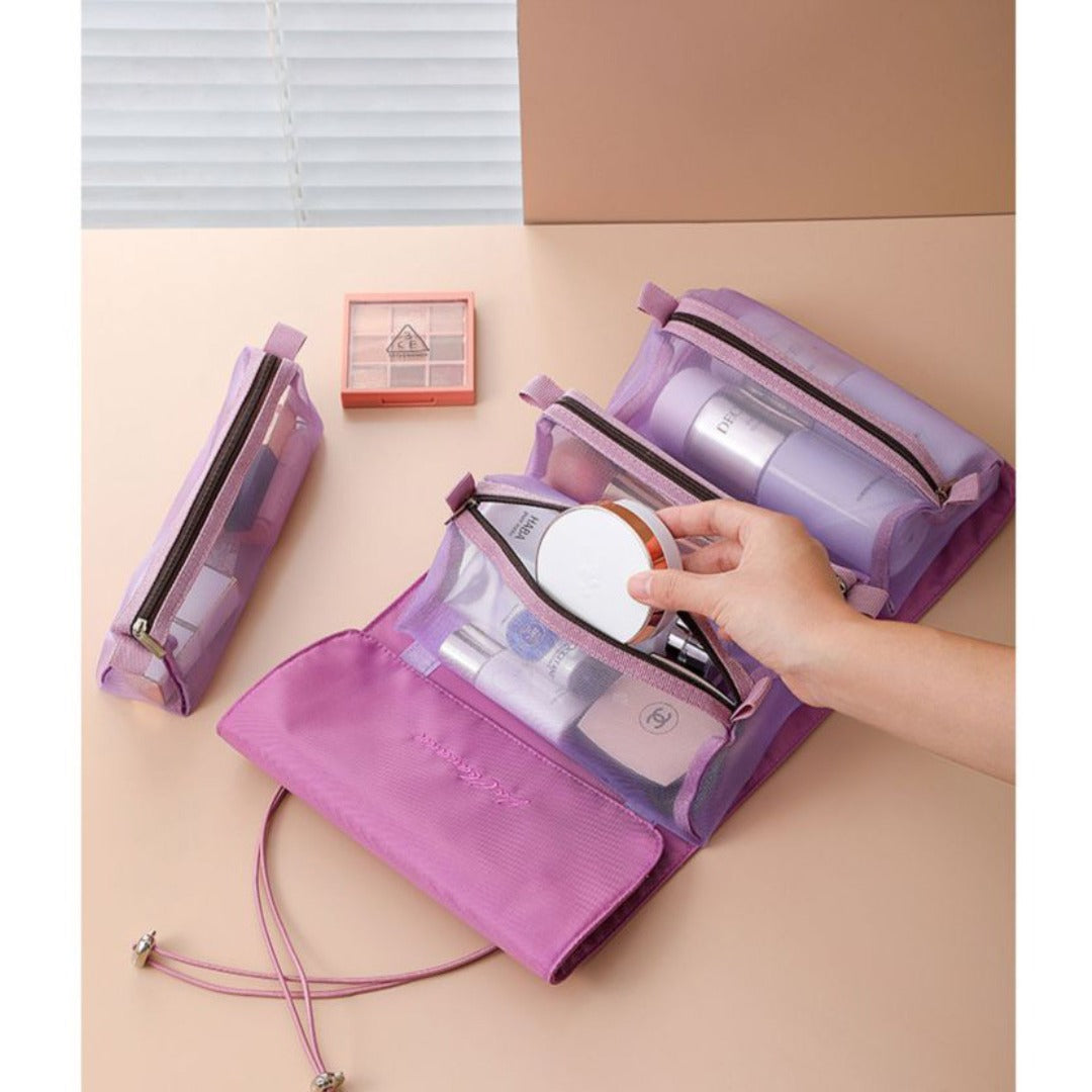 Bolsas de maquillaje portátiles de gran capacidad para viajes, organizadores de bolsas de maquillaje, se pueden dividir en una bolsa de cosméticos cuatro en uno, bolsa de artículos de aseo y organizador de bolsas de aseo. 