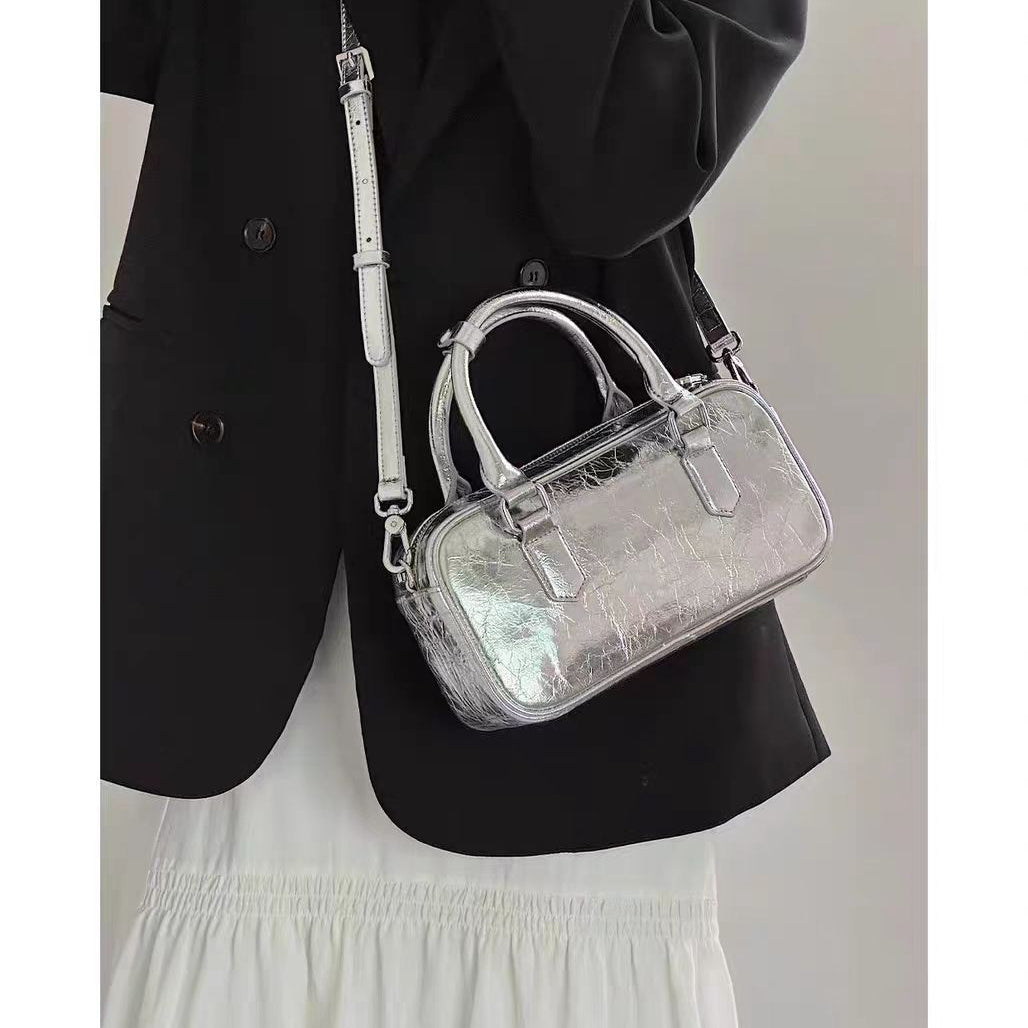 Retro crossbody bag, small square bag, small top handle purse metallic
