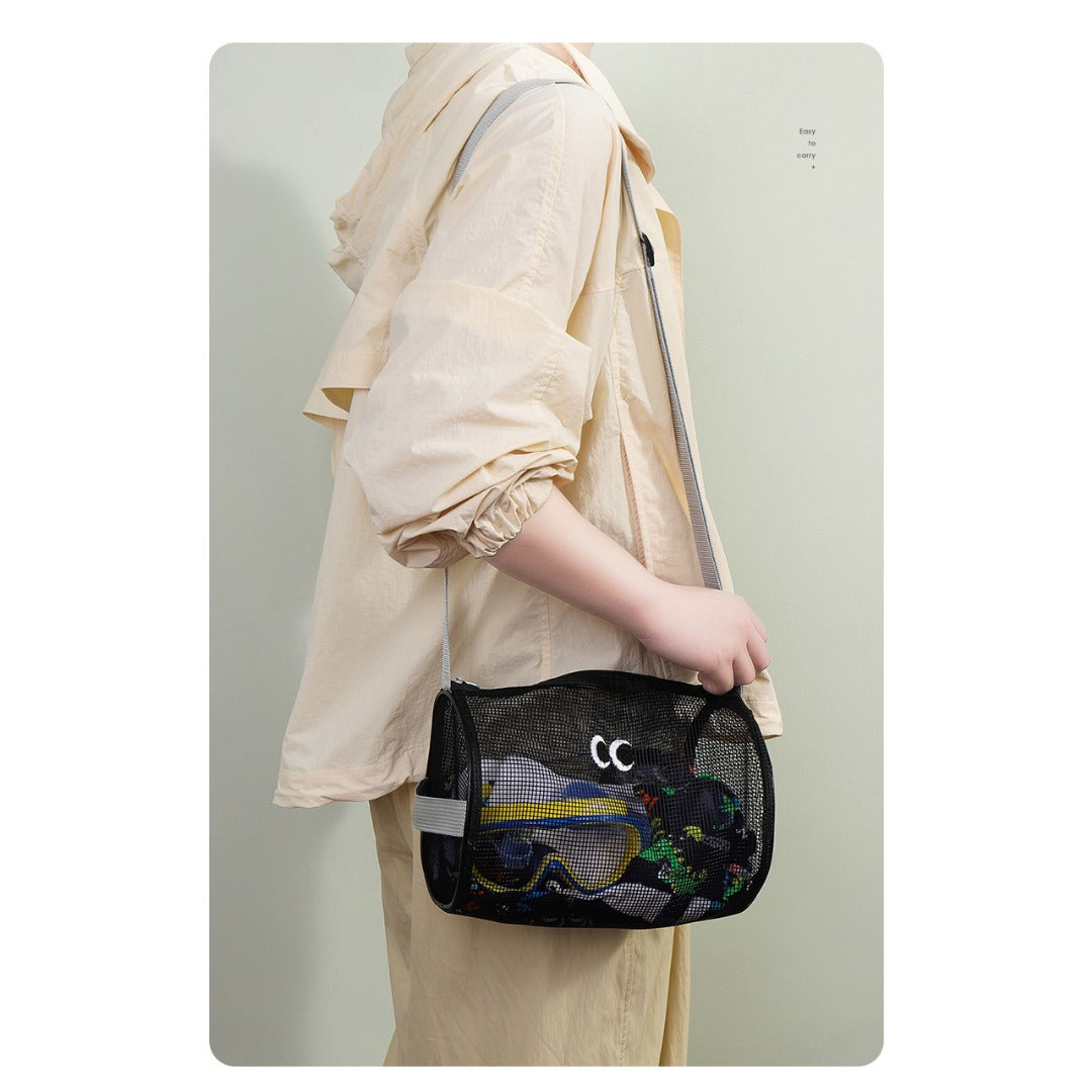 Big eye mesh cylinder bag, breathable leisure travel crossbody bag mesh, portable crossbody beach bag, swimming wash storage bag