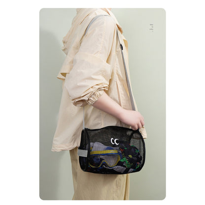 Big eye mesh cylinder bag, breathable leisure travel crossbody bag mesh, portable crossbody beach bag, swimming wash storage bag